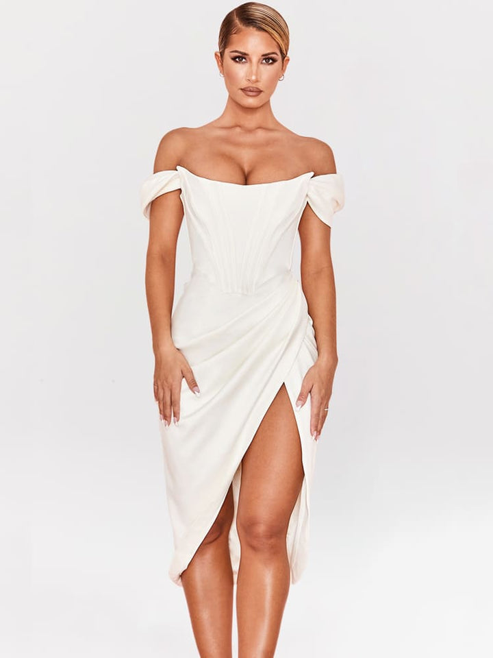 Robe midi bodycon corset à épaules dénudées - Blanc