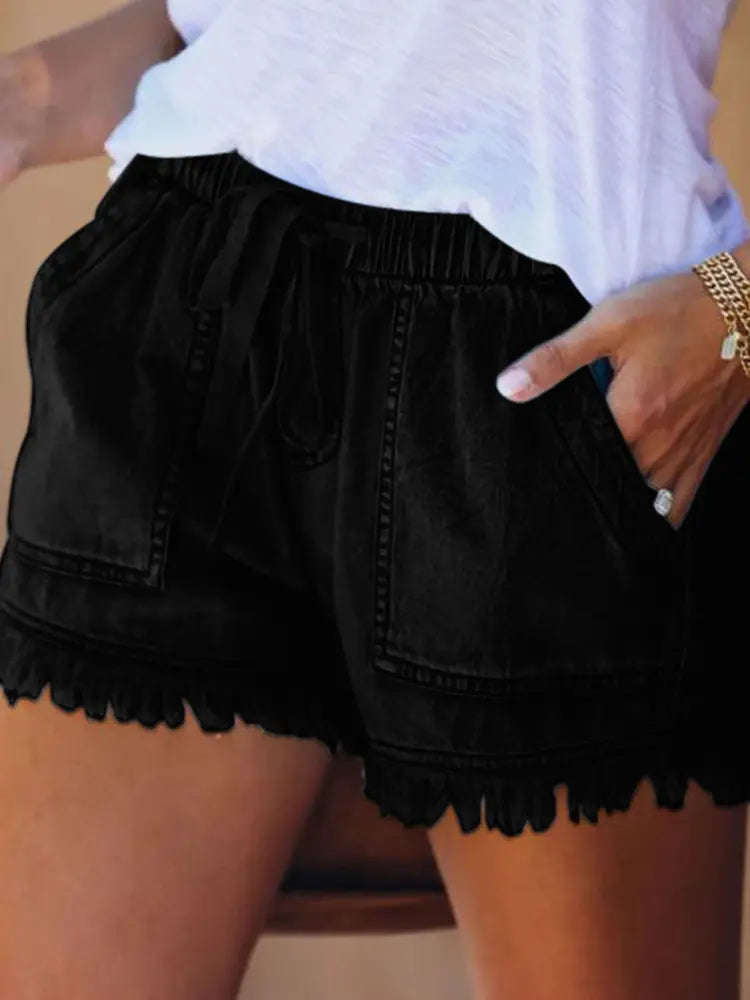 Høyt liv Drawstring Slankende Denim Shorts