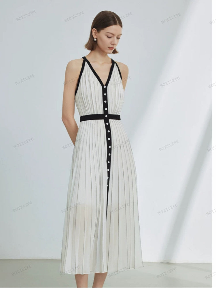 High-End Limited Edition Striped Color-Blocked Sleeveless Dress