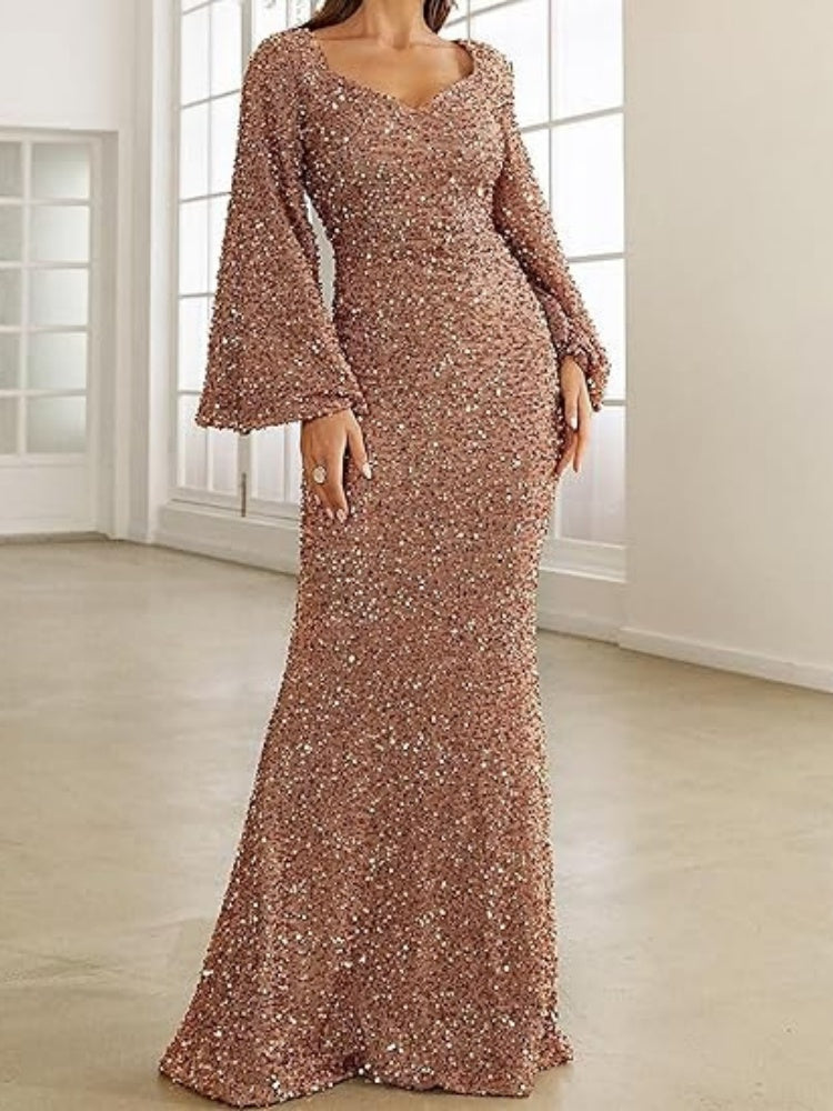 Sparkling Flare Sleeve Evening Gown