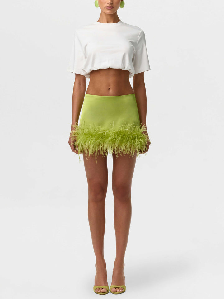 Chiffon Cape Crop Top & Satin Feather Mini Skirt