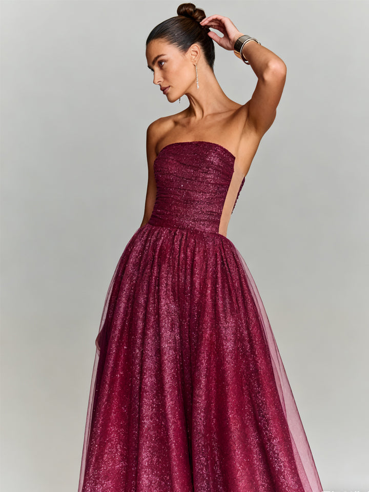 Ruched Mesh Long Evening Dress