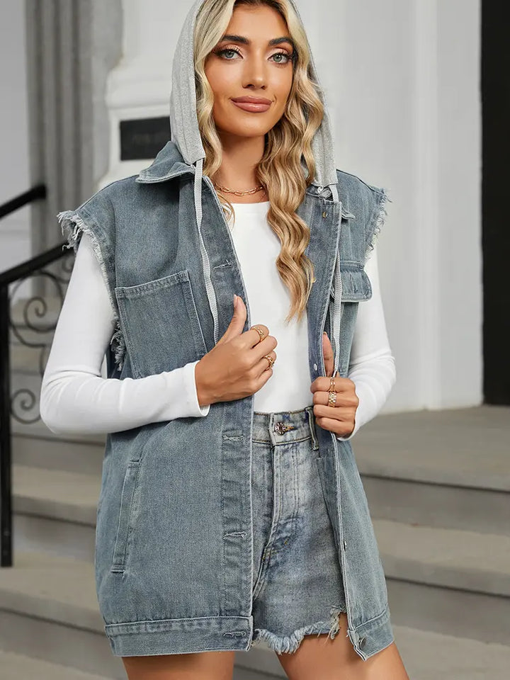 Gewassen Losse Pas Hooded Denim Vest