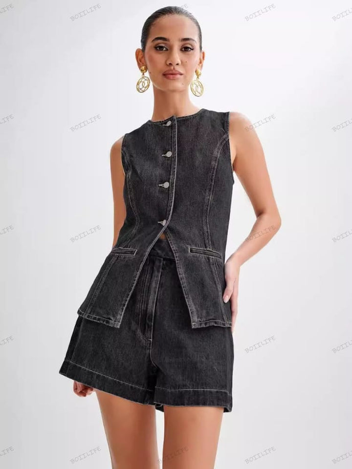 Button-Up na Denim na Short