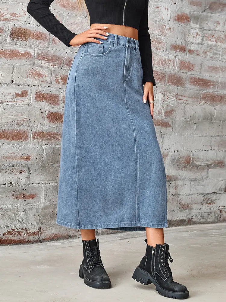 Elastic Waist Split Denim Skirt