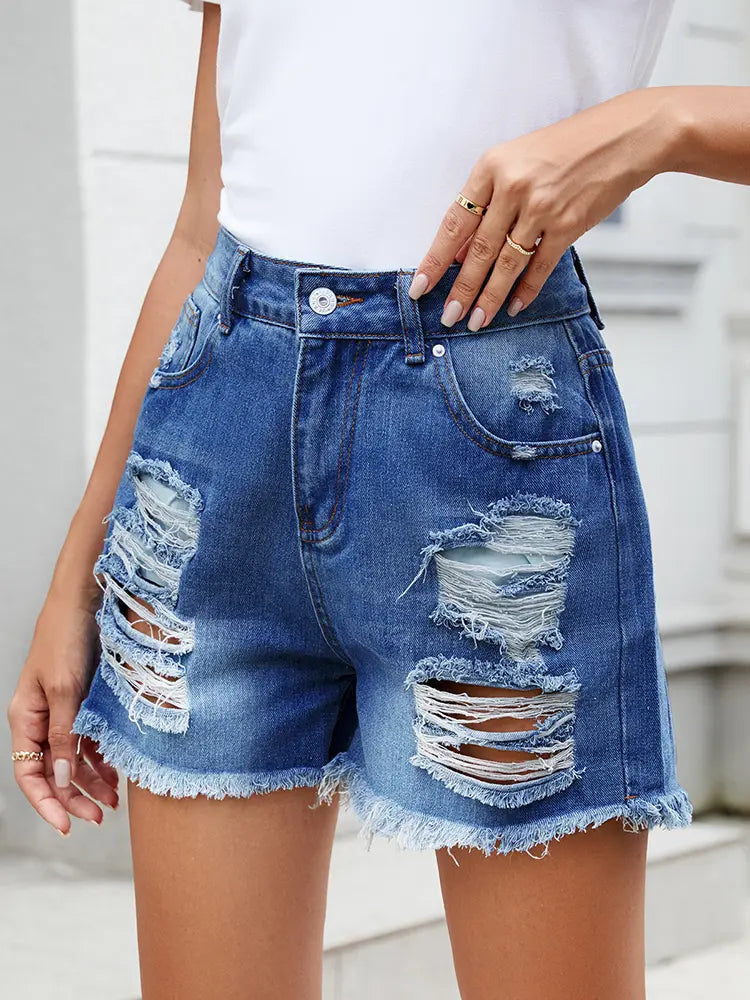 Sommerfringede slitte denimshorts