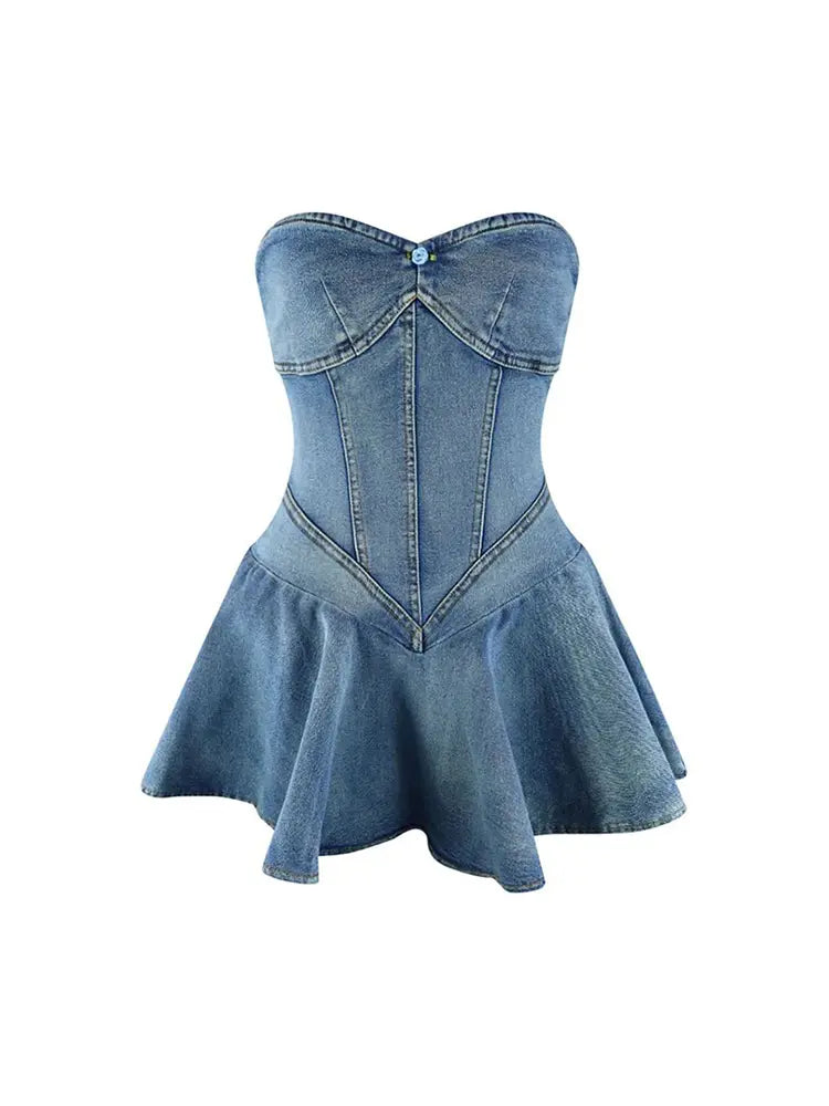 Vestido jeans sem alças com babados