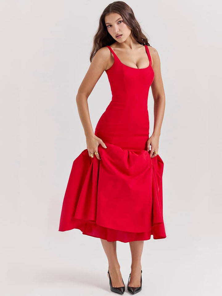 Sexy Low-Waist Bodycon Midi Dress - Scarlet Red