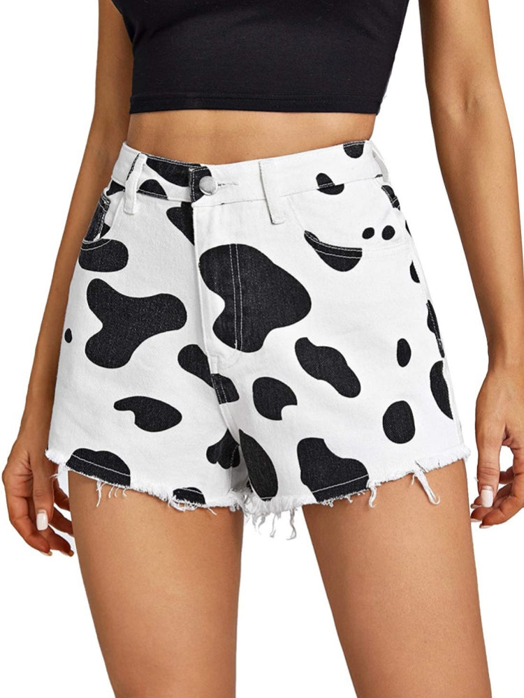 Pantalones cortos con estampado de vaca marrón estilo vaquero