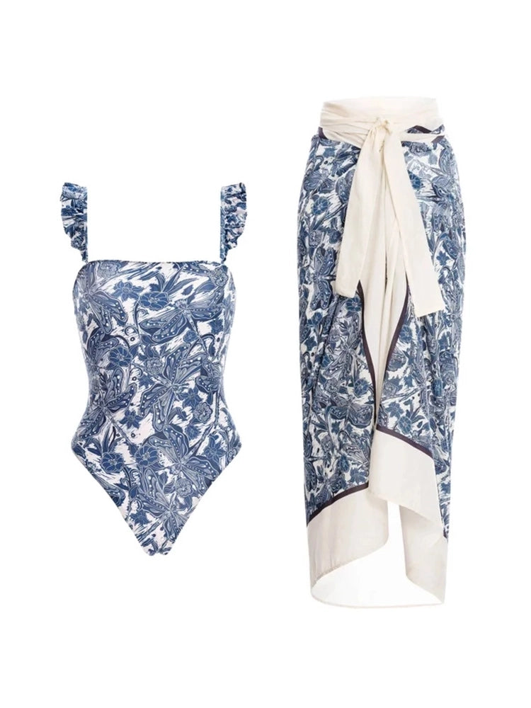 Costum de baie întreg cu volane Blue Dragonfly
