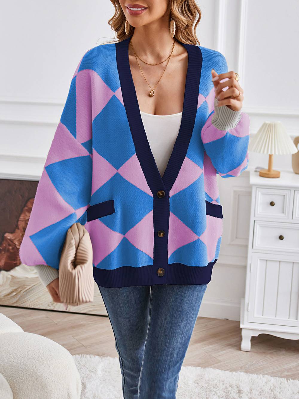 V-hals geometrisk farveblok strik cardigan