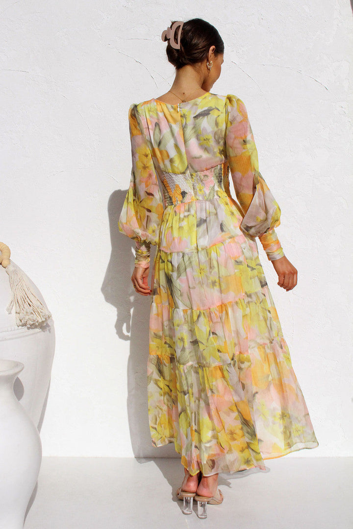 Pininturahan na Inspirasyon ng Floral Balloon Sleeves Maxi Dress