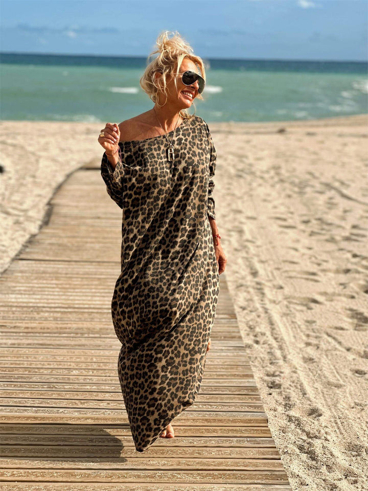 Vestido longo oversize de leopardo camelo com manga comprida