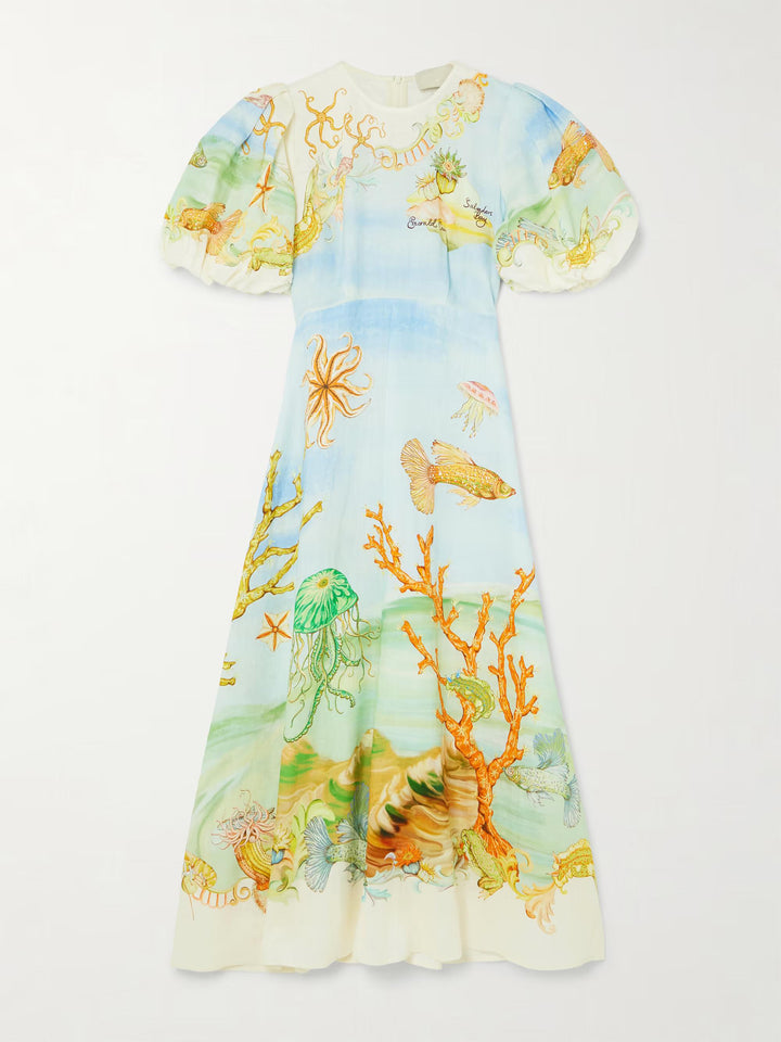 Gathered Printed Linen-Gauze Midi Dress
