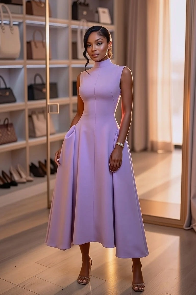 Robe midi lavande sans manches à col montant