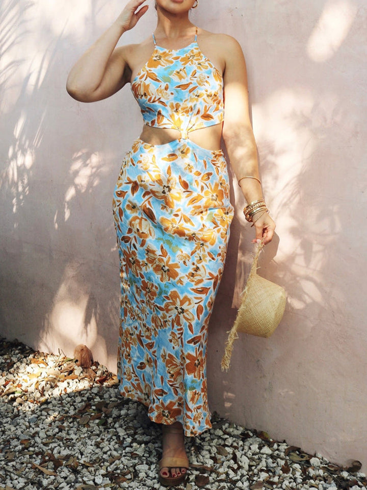 Geknoopte uitgesneden midi-jurk in babyblauw en oranje bloemen