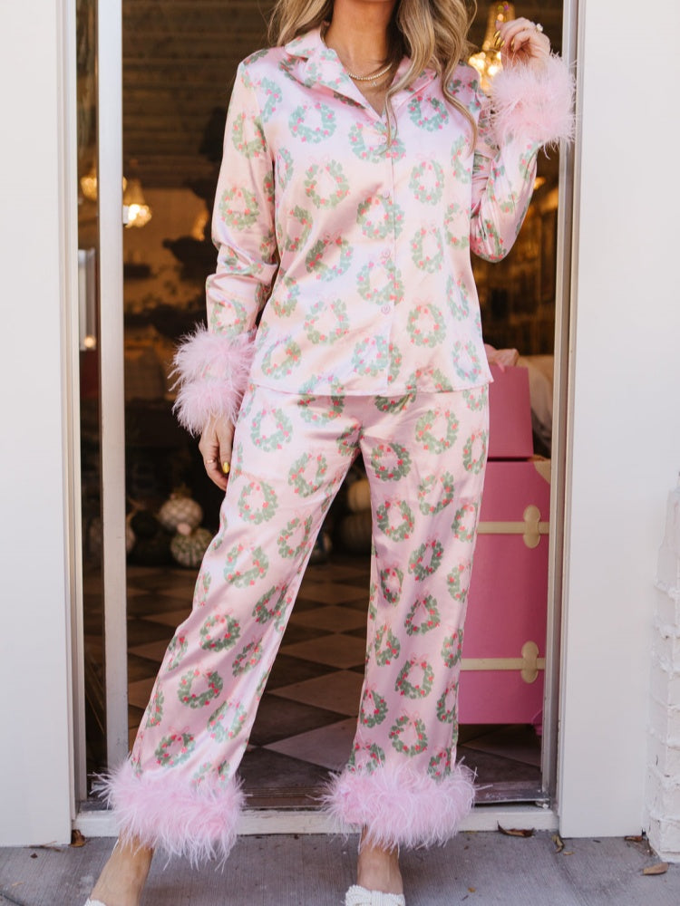 Christmas Wreath and Ostrich Feather Pajama Set