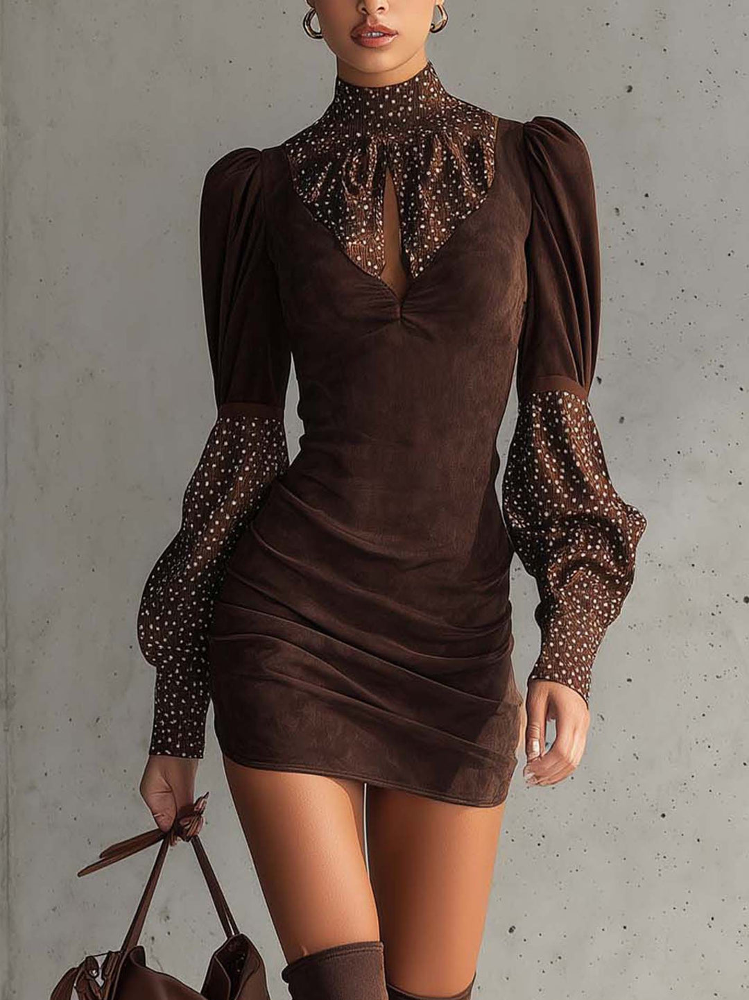 Brown Faux Suede Bodycon Dress With Satin Polka Dots