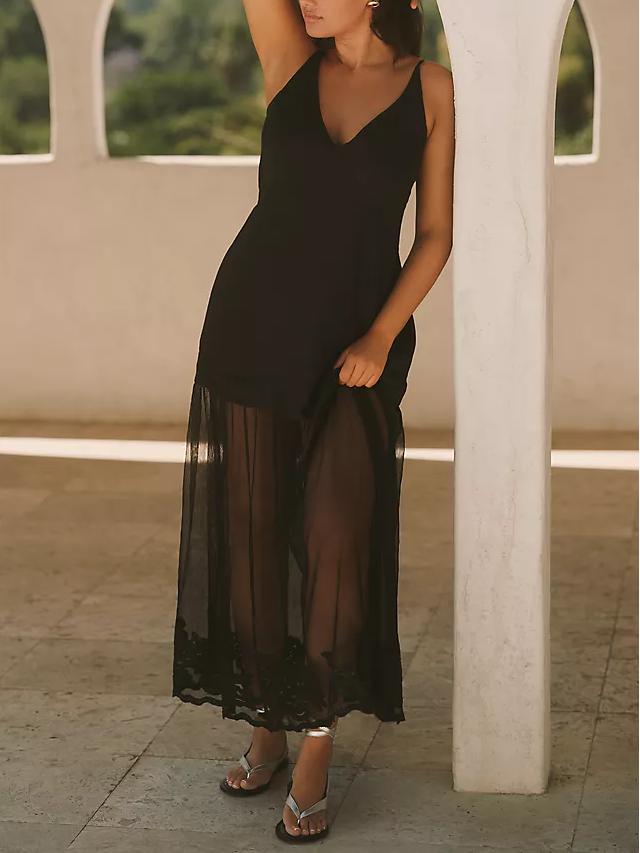 Elegant Paneled Black Maxi Slip Dress