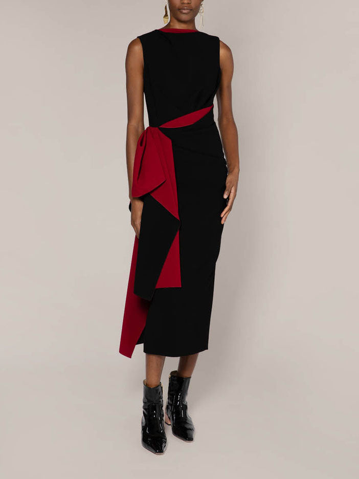 Black And Sangria Colour Blocking Midi Dress