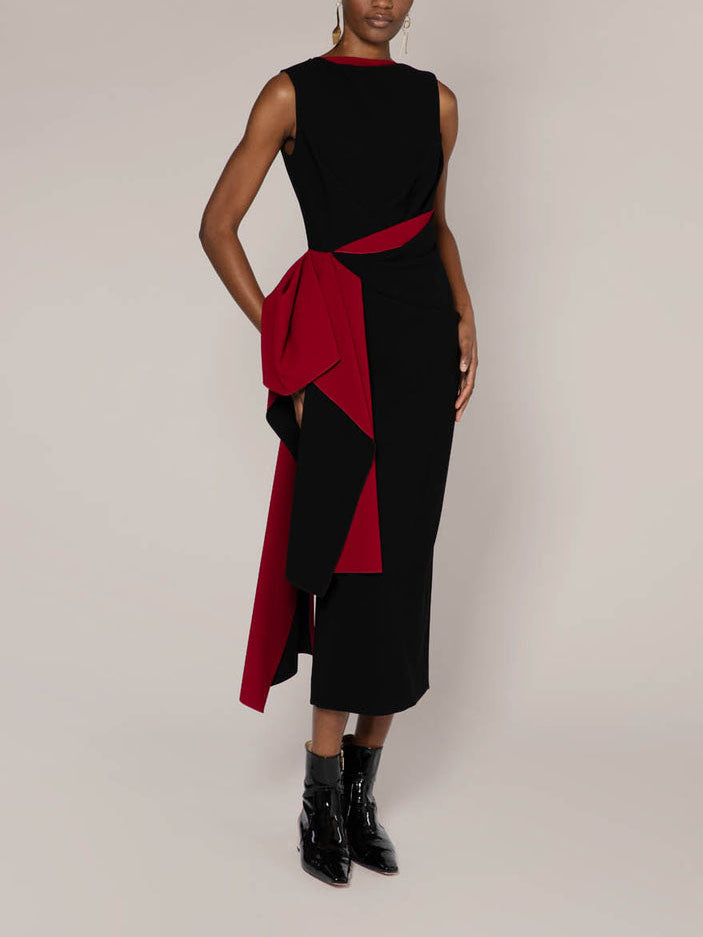 Black And Sangria Colour Blocking Midi Dress