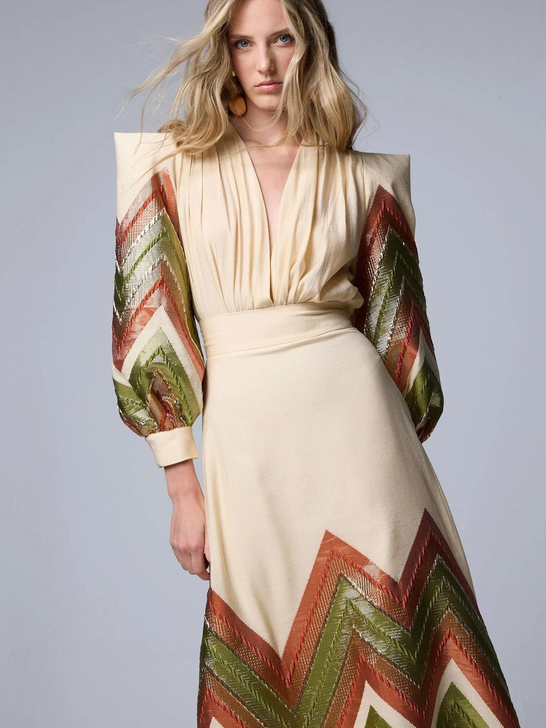 Puff Sleeves Bodysuit & Geometric Patterned Midi Skirt Set