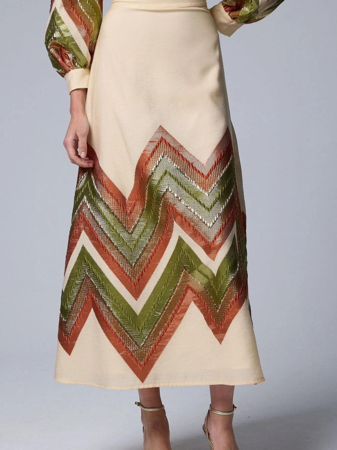 Puff Sleeves Bodysuit & Geometric Patterned Midi Skirt Set