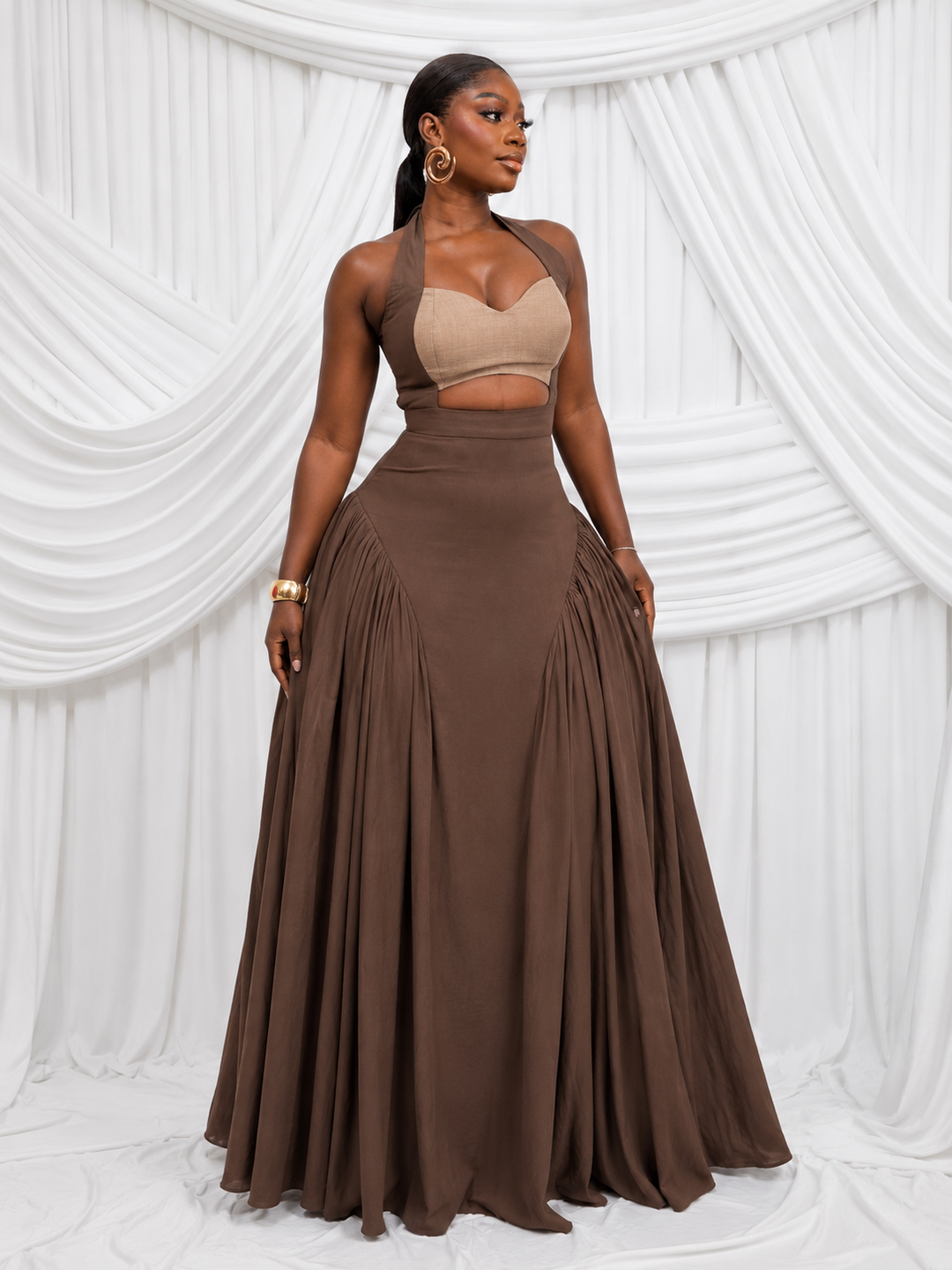 Contrast Halter Cutout Maxi Dress