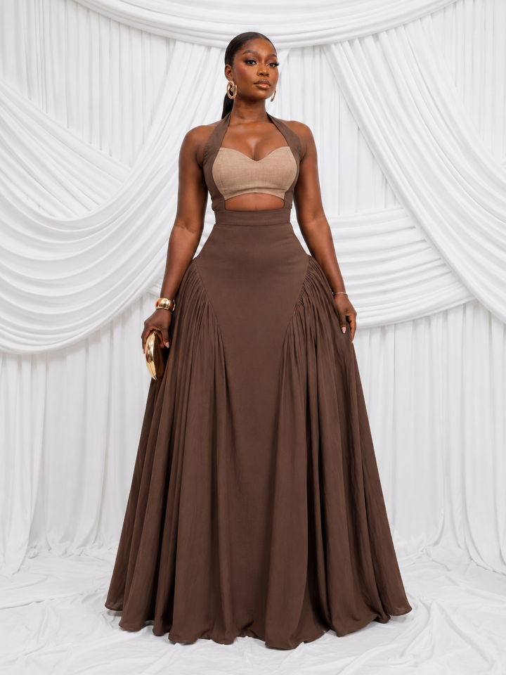 Contrast Halter Cutout Maxi Dress