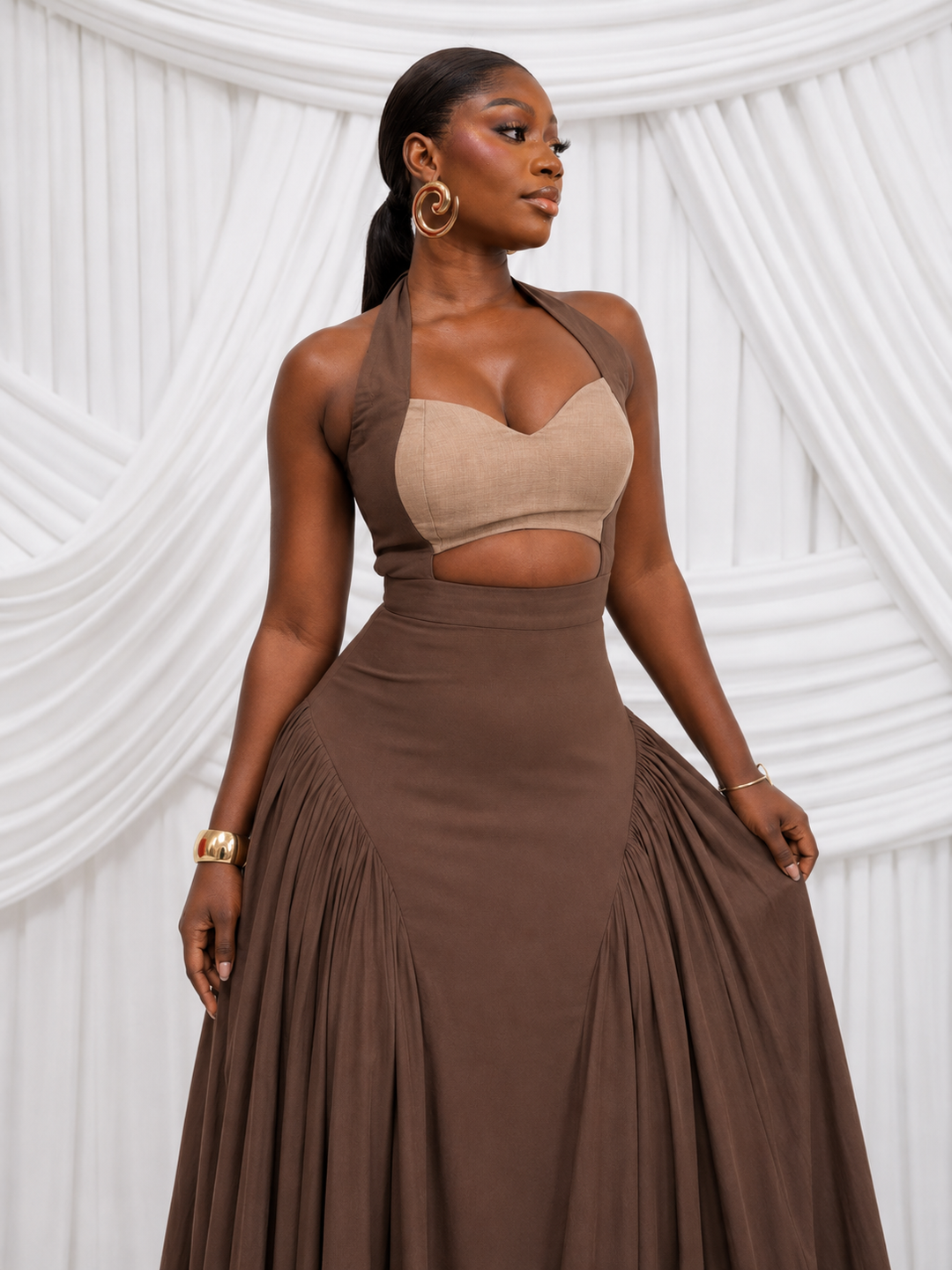 Contrast Halter Cutout Maxi Dress