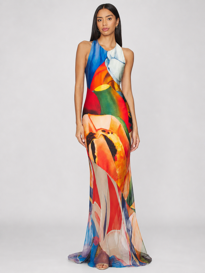 Abstract Floral Open-Back Maxi Dress