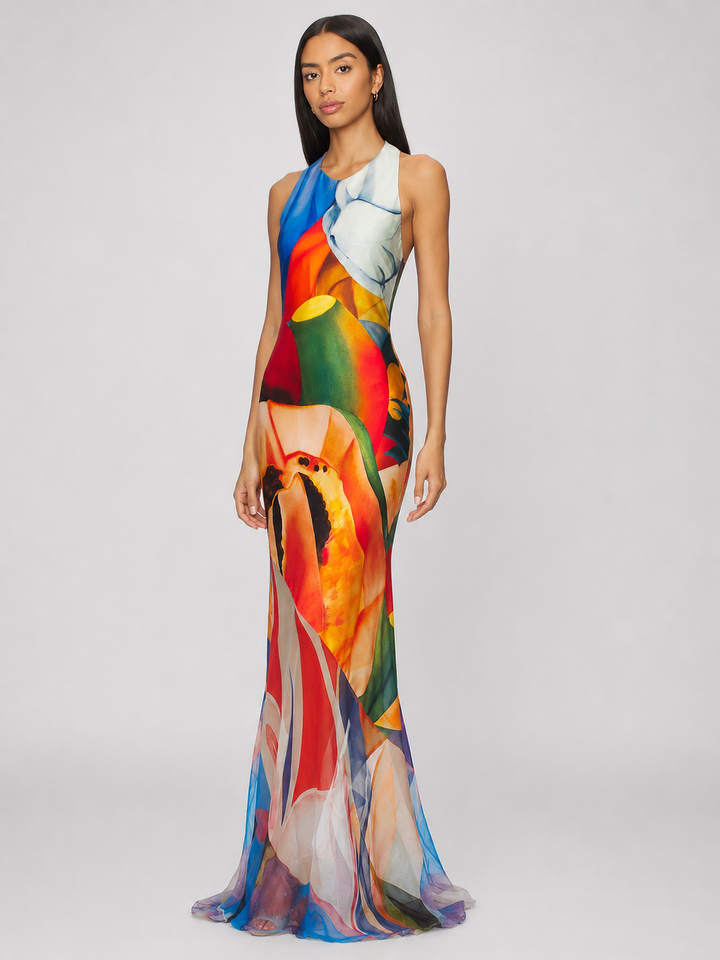 Abstract Floral Open-Back Maxi Dress