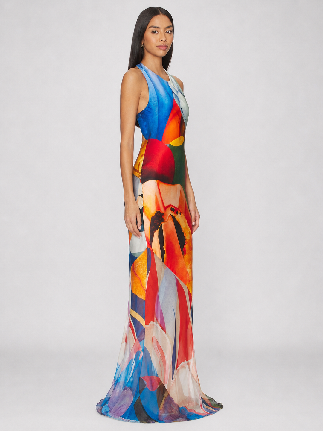 Abstract Floral Open-Back Maxi Dress