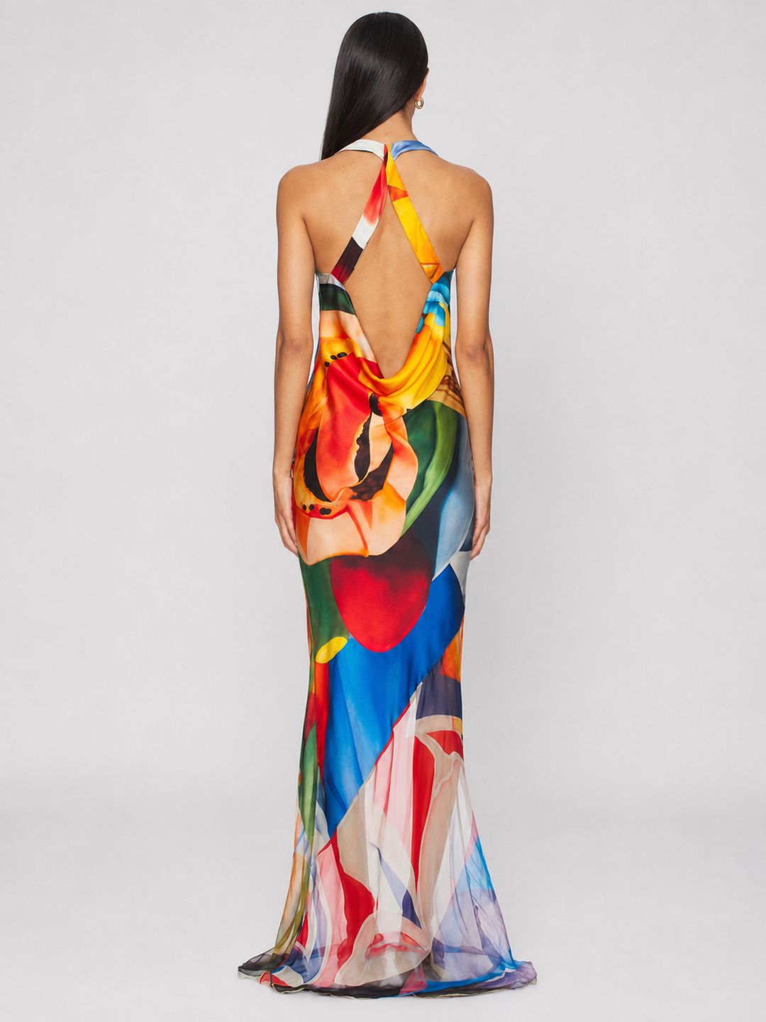 Abstract Floral Open-Back Maxi Dress