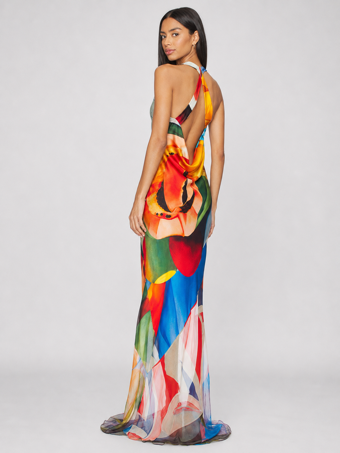 Abstract Floral Open-Back Maxi Dress