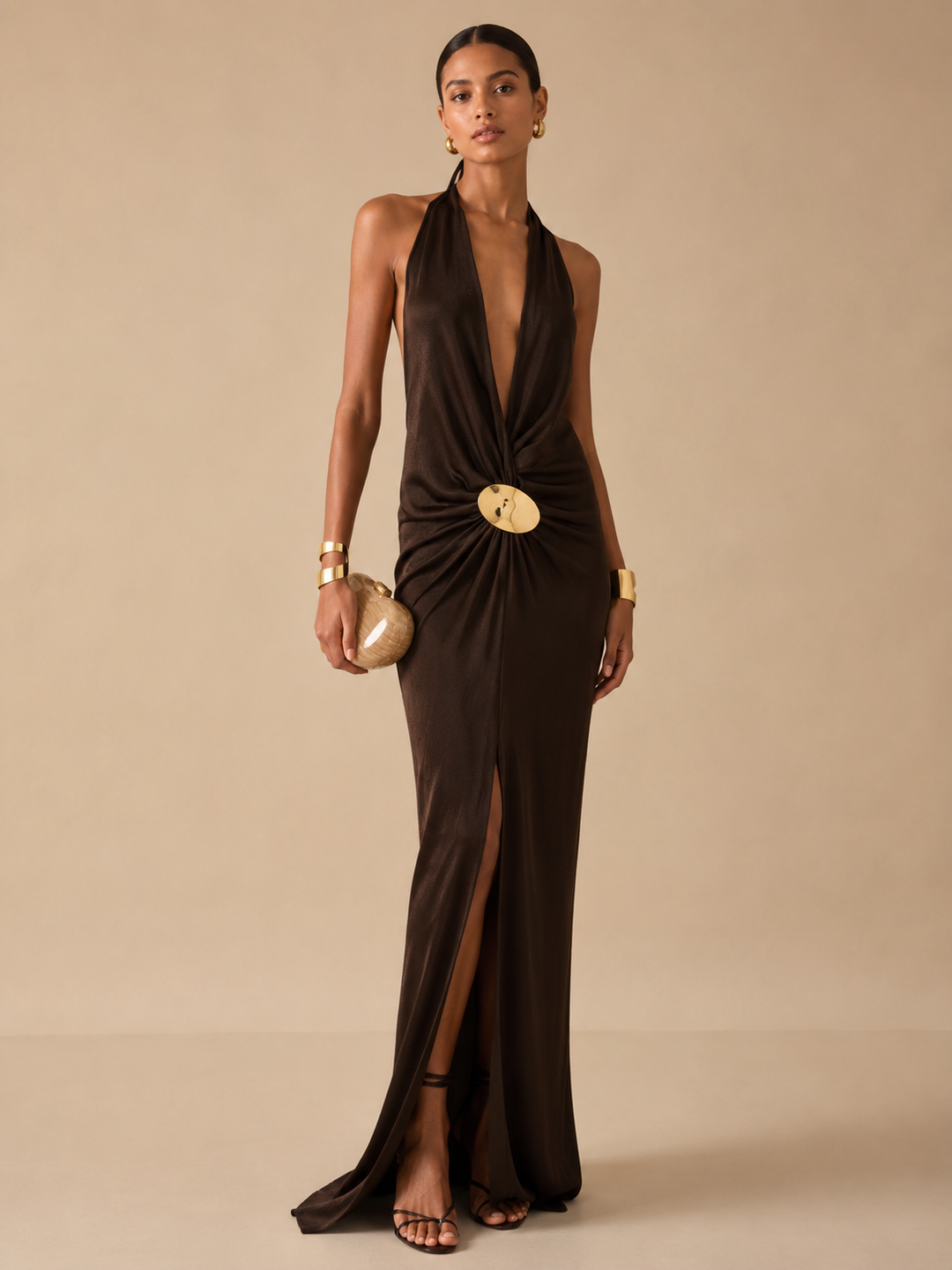 Halter Buckle Draped Maxi Dress