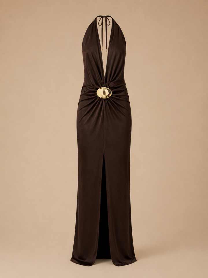 Halter Buckle Draped Maxi Dress