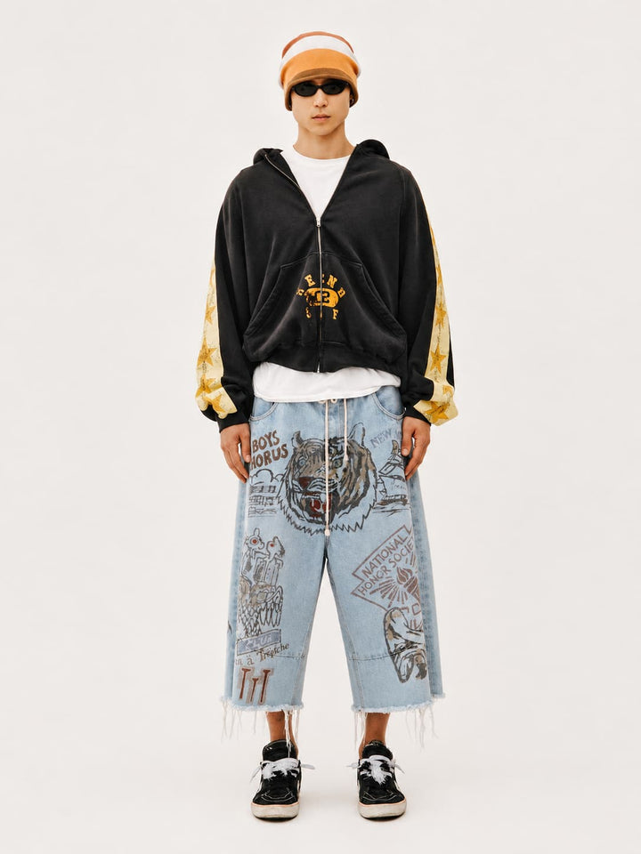 Graphic Raw-Hem Wide-Leg Jeans