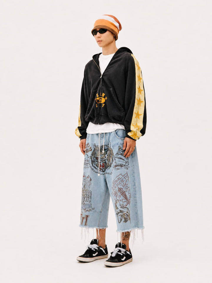 Graphic Raw-Hem Wide-Leg Jeans