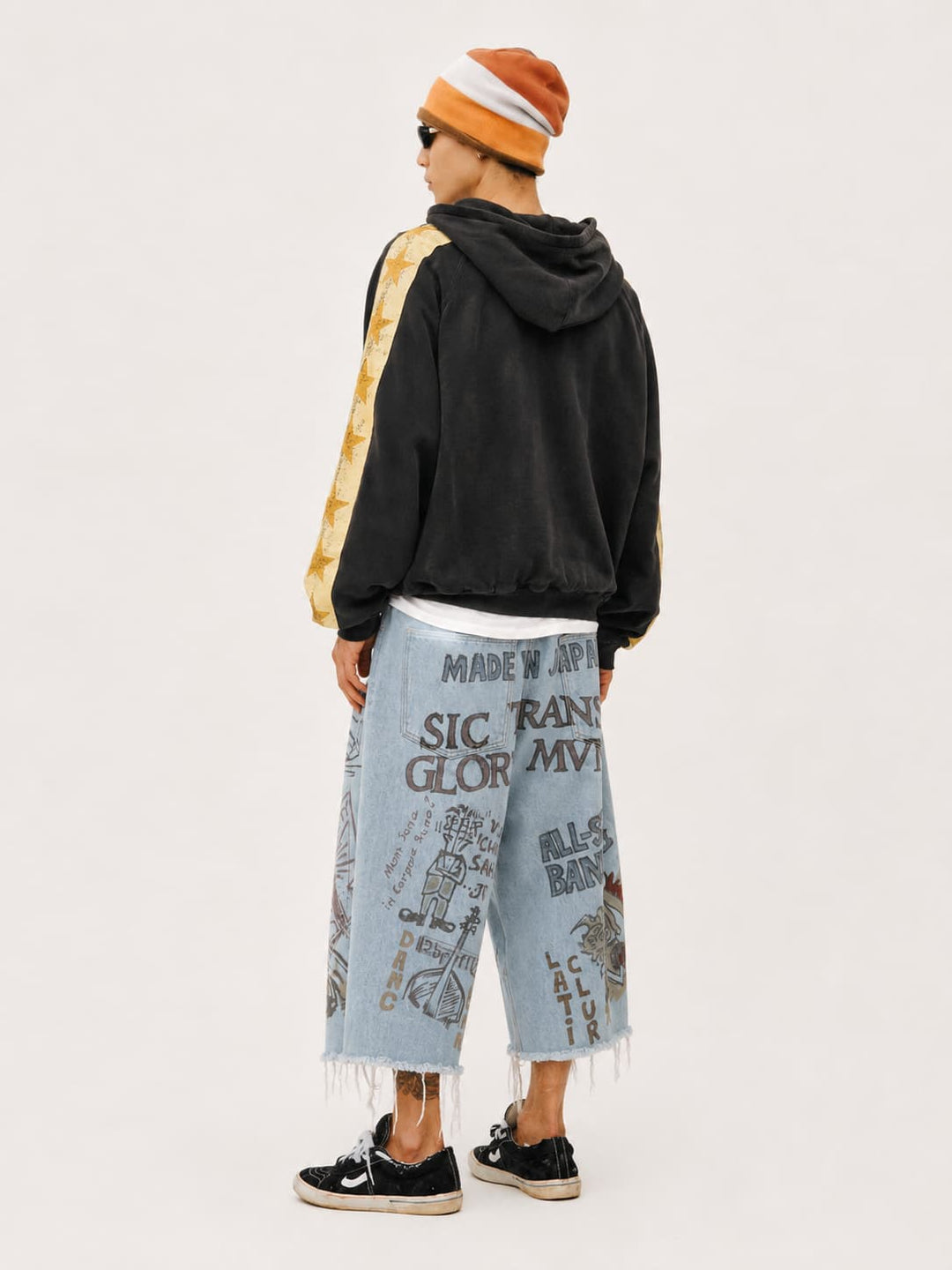 Graphic Raw-Hem Wide-Leg Jeans