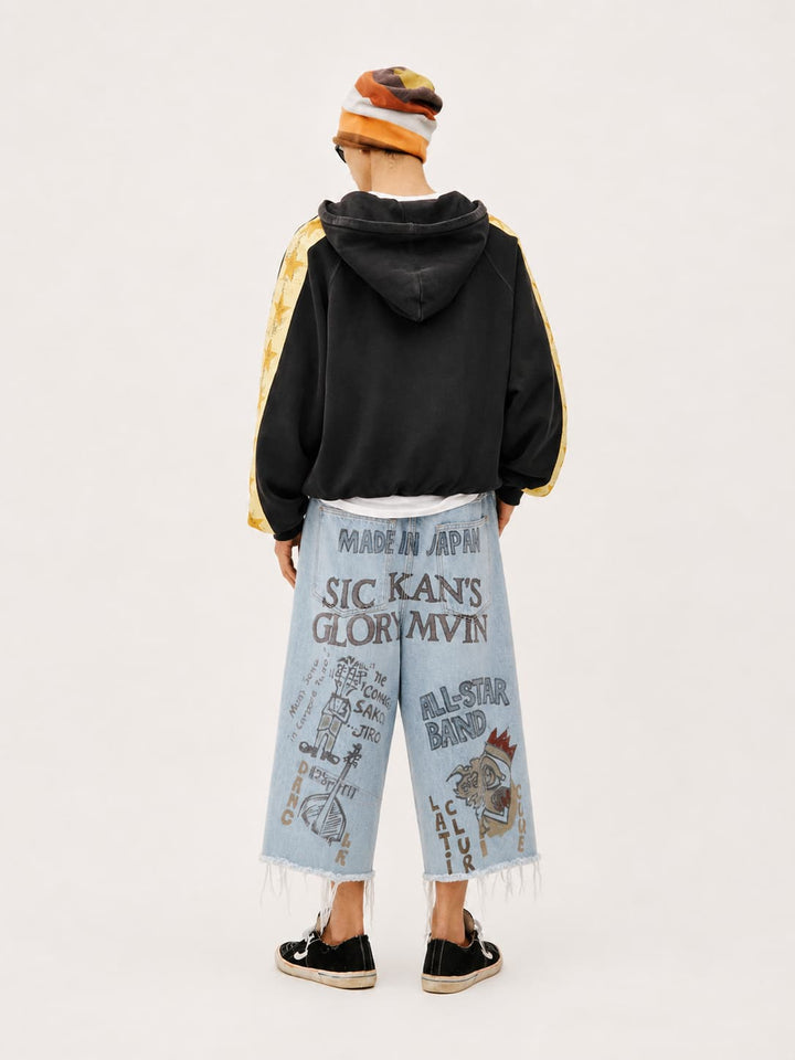 Graphic Raw-Hem Wide-Leg Jeans