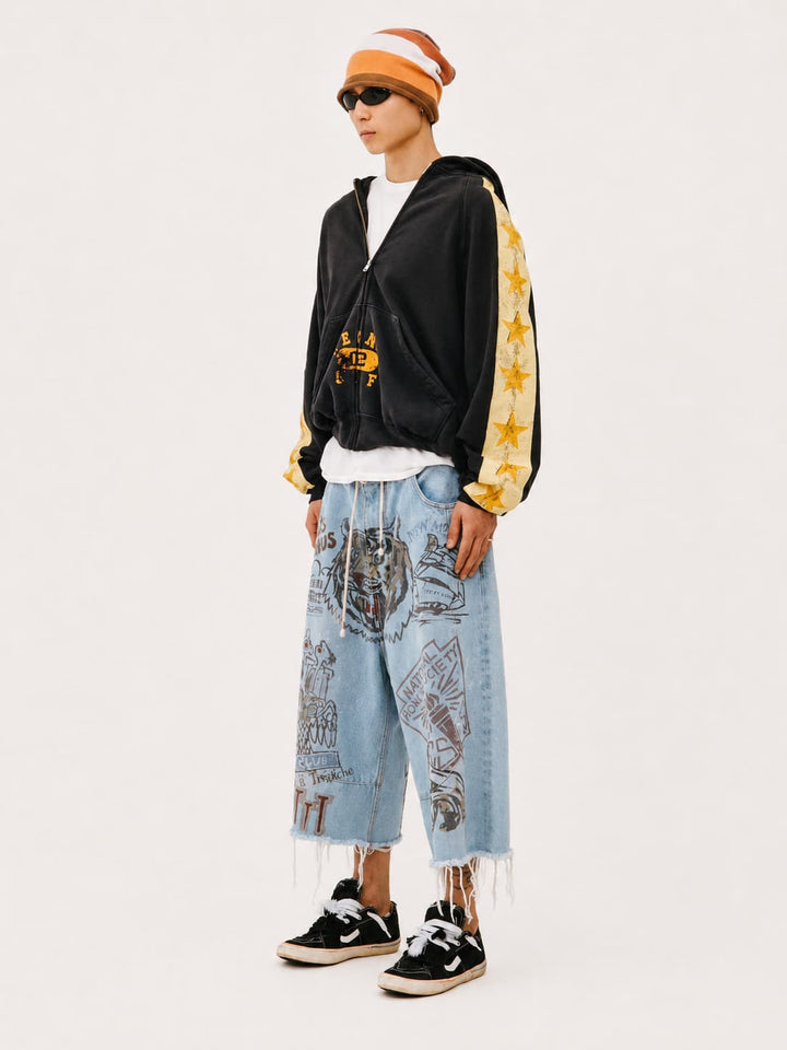 Graphic Raw-Hem Wide-Leg Jeans