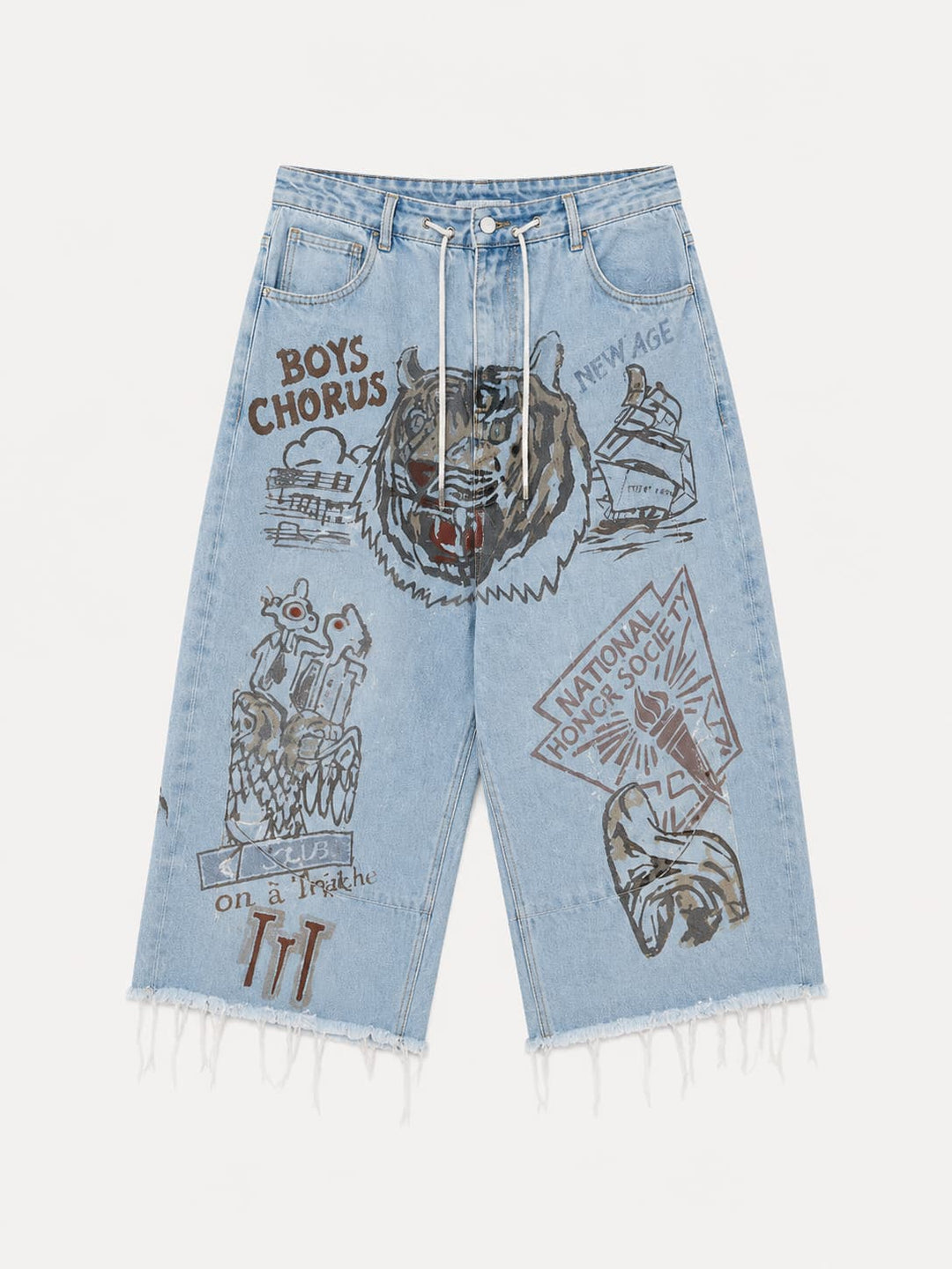 Graphic Raw-Hem Wide-Leg Jeans