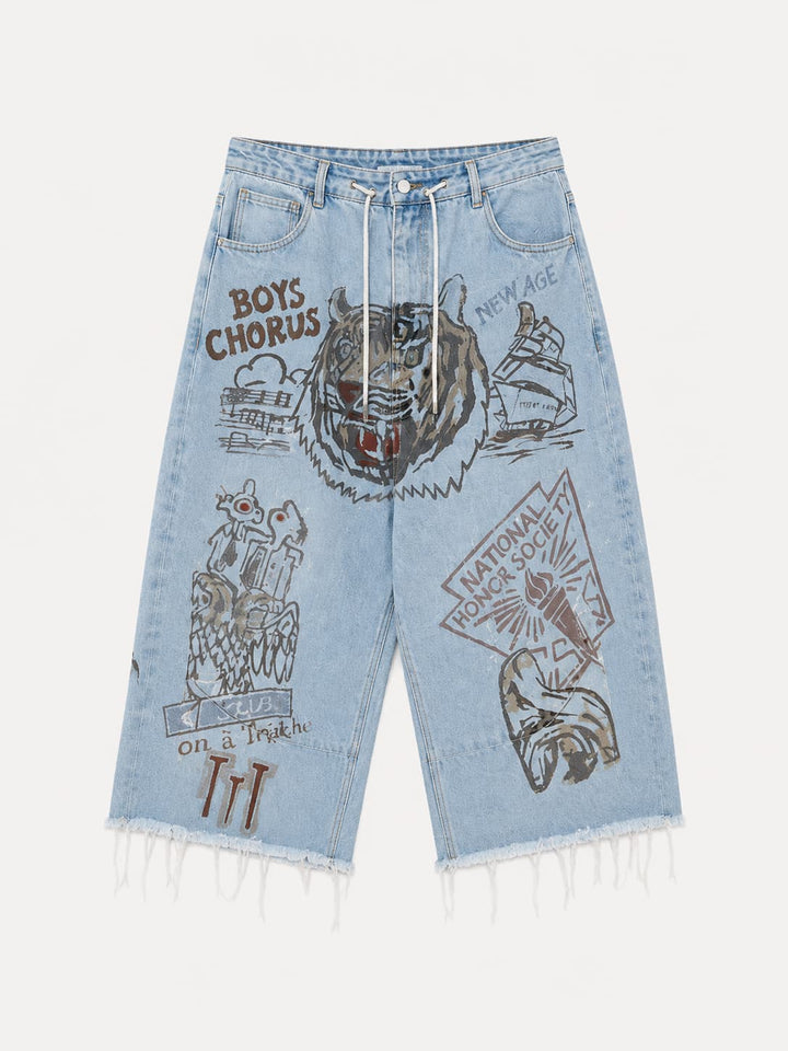 Graphic Raw-Hem Wide-Leg Jeans