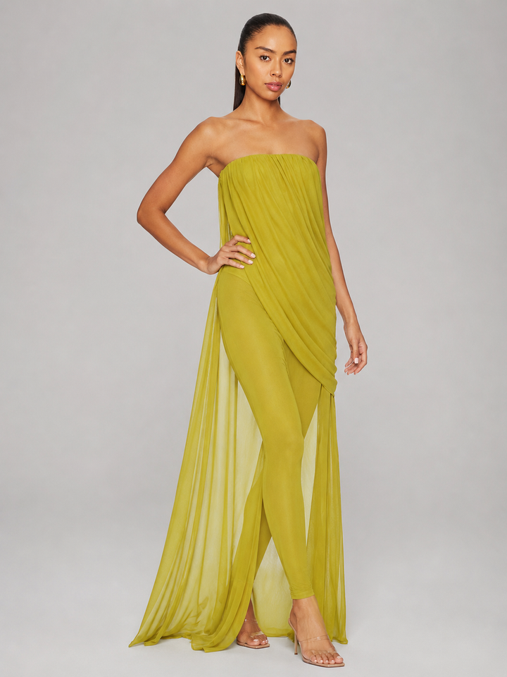 Vestido transparente sin tirantes drapeado