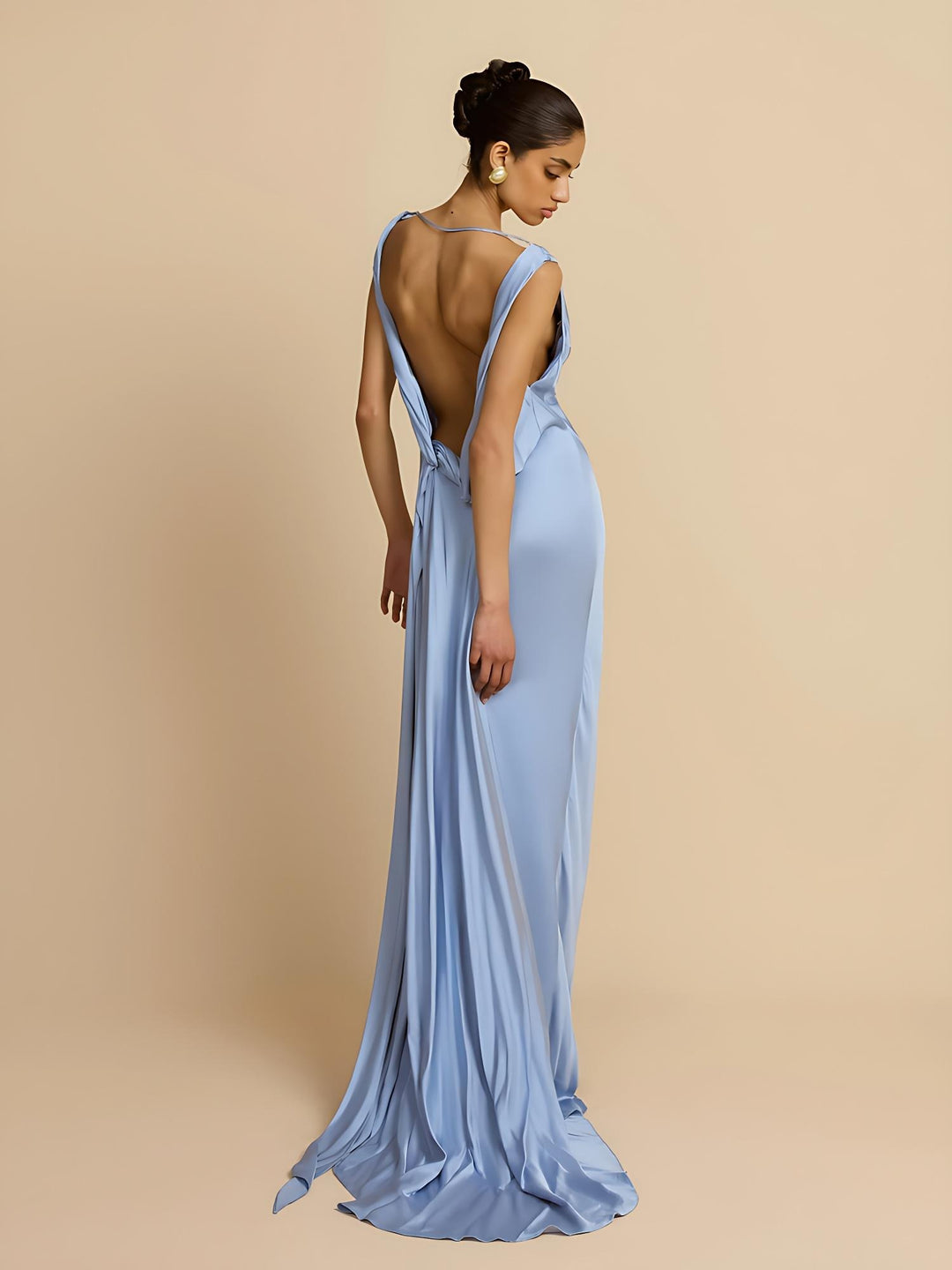 Sky Blue Satin Bias-Cut Backless Gown