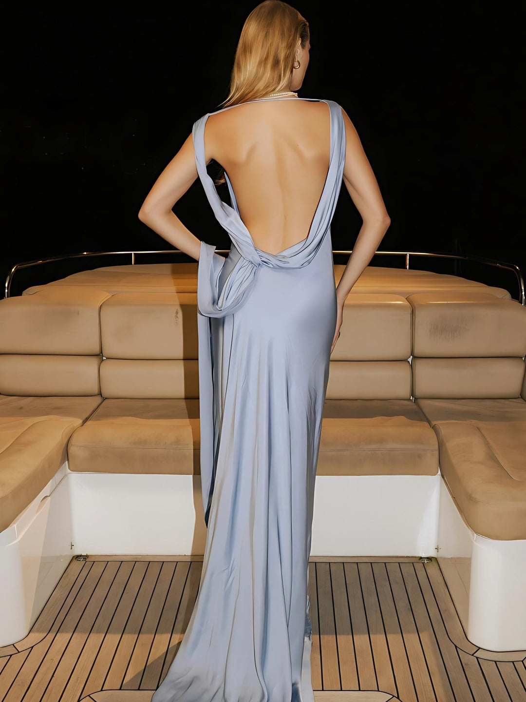 Sky Blue Satin Bias-Cut Backless Gown