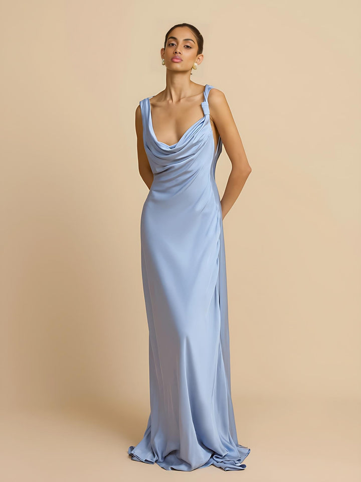 Sky Blue Satin Bias-Cut Backless Gown