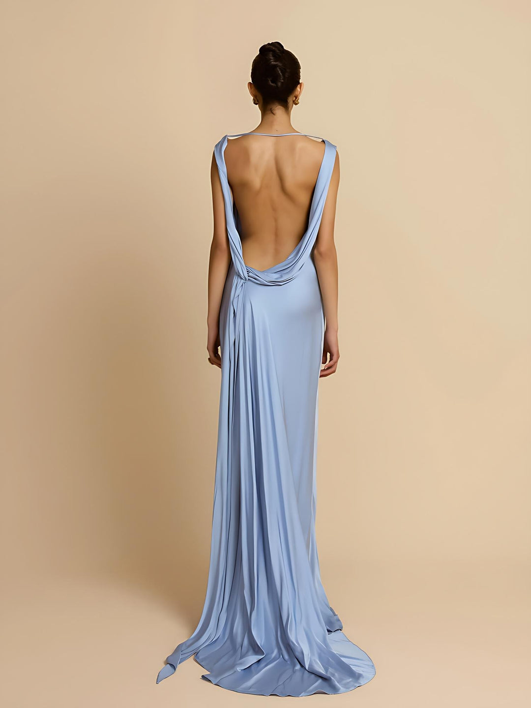 Sky Blue Satin Bias-Cut Backless Gown