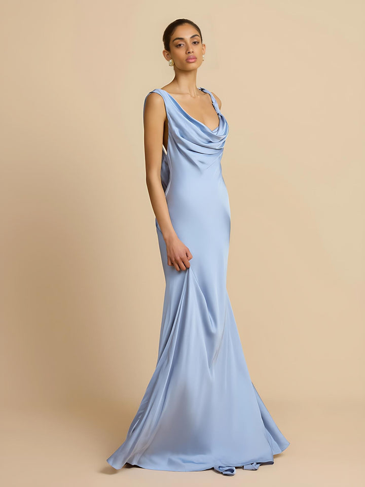 Sky Blue Satin Bias-Cut Backless Gown